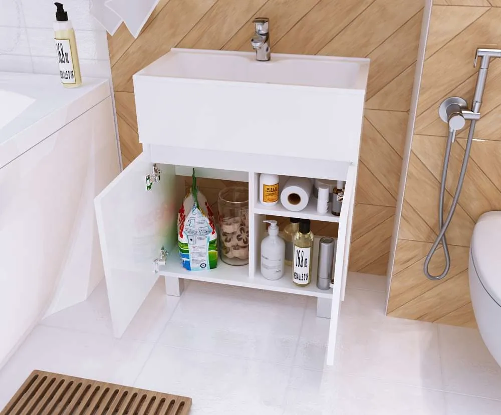 Тумба с раковиной МИРА/Mira 60Н 2д. белый глянец