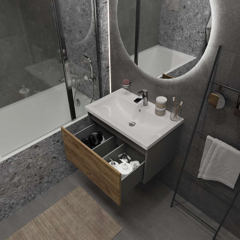 Тумба под раковину БЛОК МИНИ/Aris mini 70П (685х400х447) 1я антрацит/дуб крафт золотой