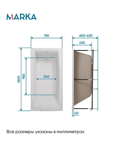 Ванна АЭЛИТА СЛИМ/AELITA SLIM 1500х750
