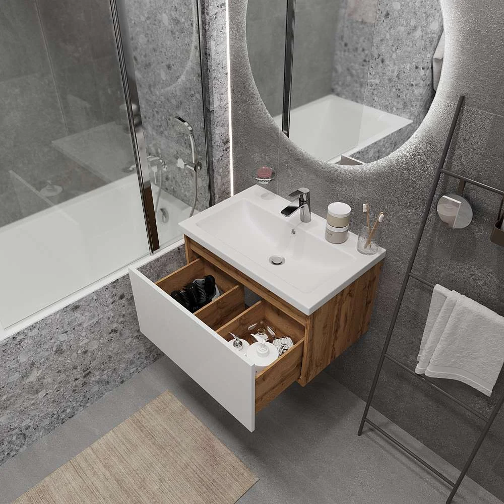 Тумба БЛОК МИНИ/Aris mini 70П (700х440х450) 1я дуб вотан/белый глянец раковина