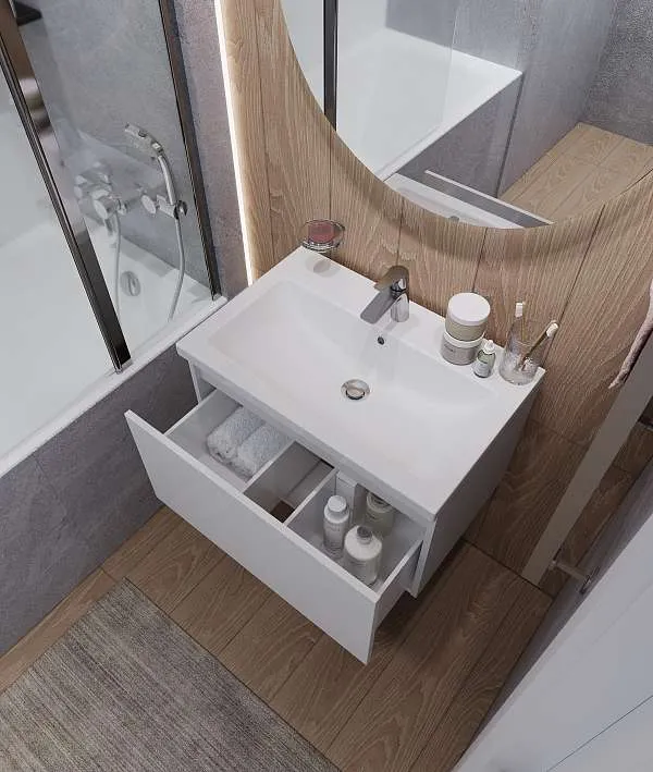 Тумба Aris mini 60П (600х440х450) 1я белая аляска/белый глянец раковина