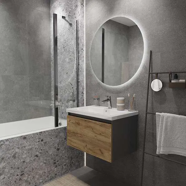 Тумба Aris mini 70П (700х440х450) 1я антрацит/дуб крафт золотой раковина