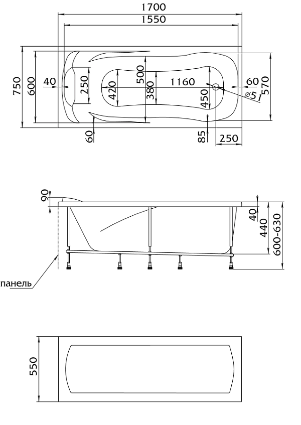 Ванна КАЛИПСО/CALYPSO 1700х750 СМ/ПР