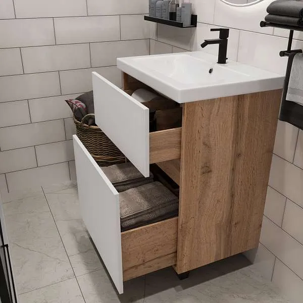 Тумба под раковину Aris 70Н (690х870х440) 2я дуб вотан/белый глянец