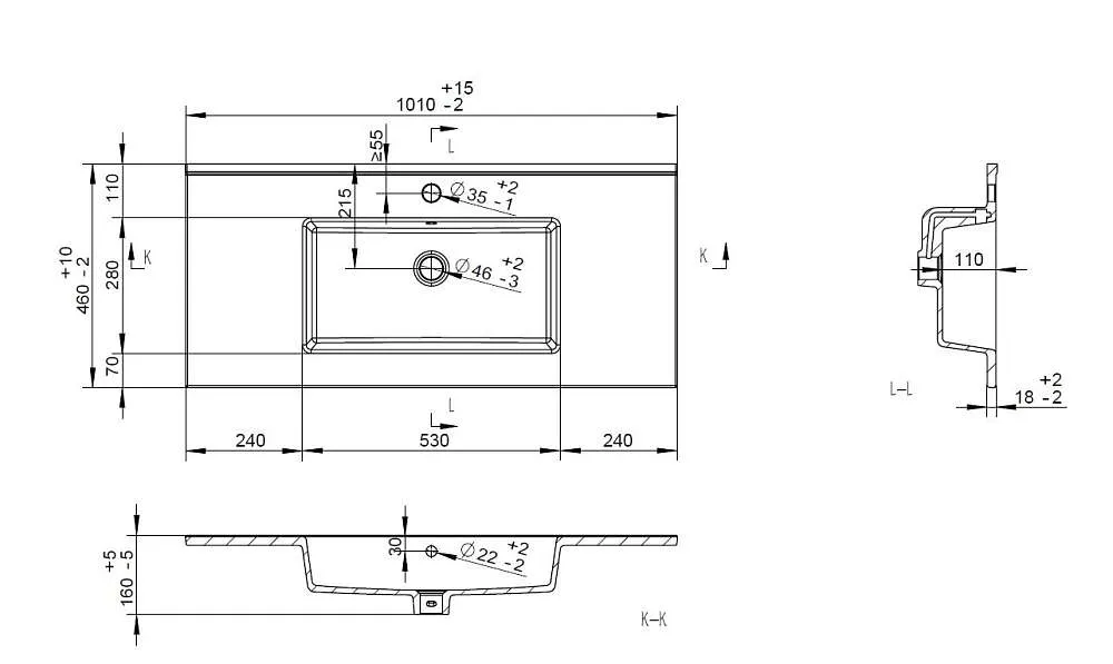 Раковина Квадро 101 (1010х460х155) керамика мебельная